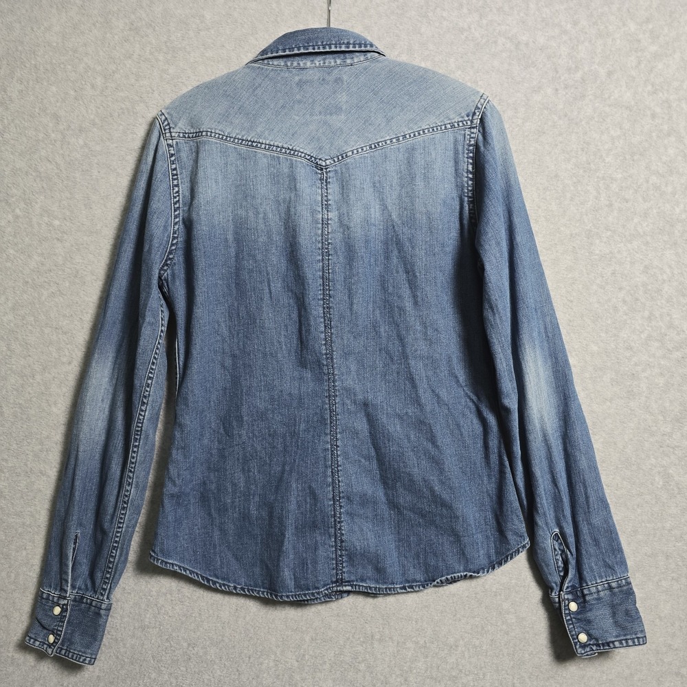 American Eagle Small Women Pearl Snap ButtonUp Blue Denim Jean Shirt Long Sleeve - Picture 2 of 8